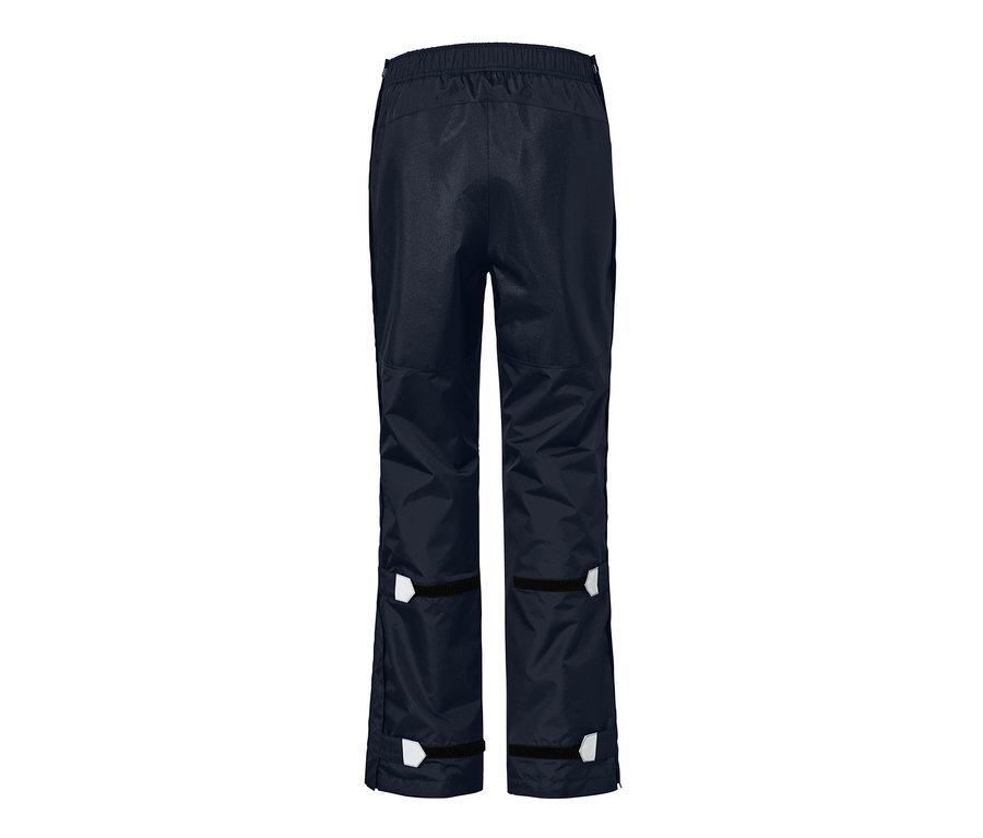 Dunkelblaue Unisex-High-Tech-Regenhose von hinten.