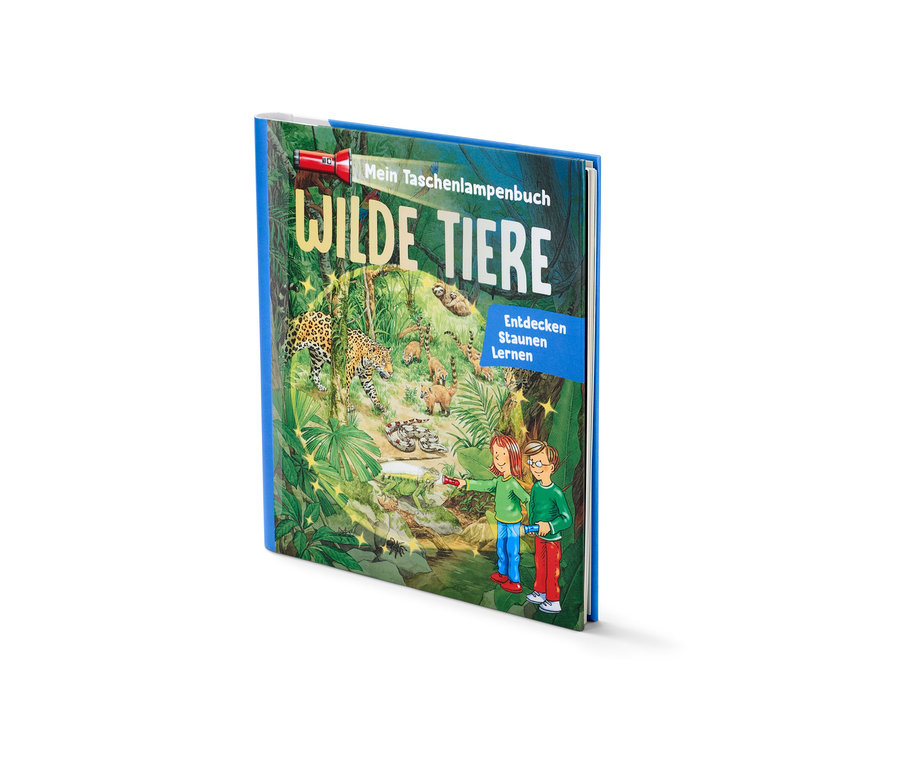 Buch »Mein Taschenlampenbuch – wilde Tiere« mit Illustrationen von Wildtieren und Kindern.