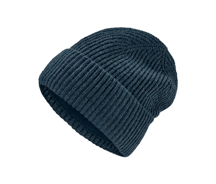 Blaue Strickmütze.