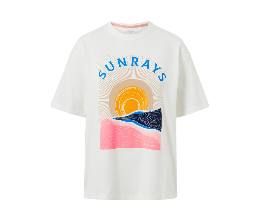 Ein weißes T-Shirt mit einem Aufdruck von Sonne, Meer und dem Schriftzug "sunrays".