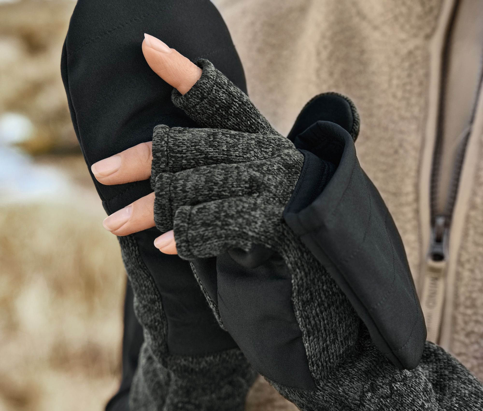 Thumbnail - Tchibo - Strickfleece-Klappfäustlinge - Herren - Gr. 6,5 - schwarz