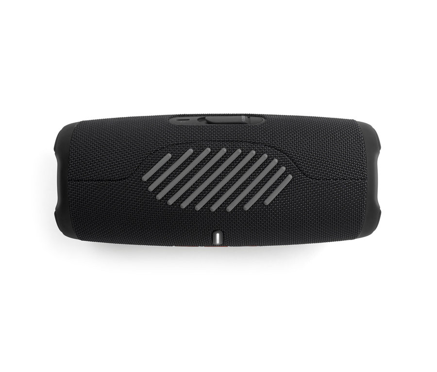 Schwarzer JBL Charge 5, ein tragbarer wasserdichter Lautsprecher mit Powerbank, auf einem weißen Hintergrund.