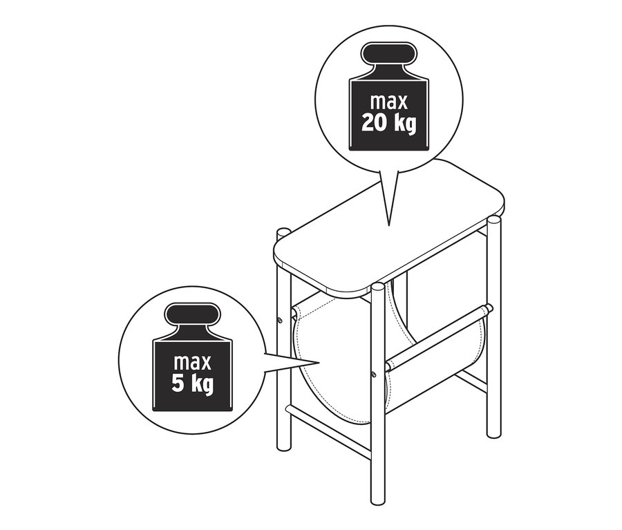 Illustration eines Beistelltischs mit Schlaufenablage mit einer maximalen Tragfähigkeit von 20 kg auf der Oberseite und 5 kg auf der Ablage.