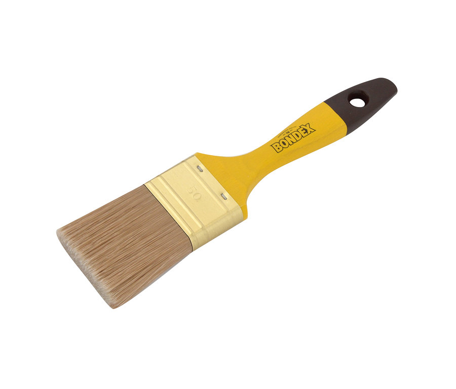 Gelber Bondex Pinsel mit braunem Griff.