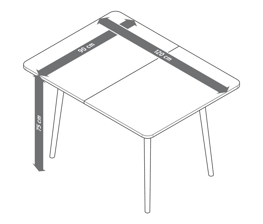Abmessungen des erweiterbaren Esstischs: 90 cm x 120 cm, Höhe 75 cm.