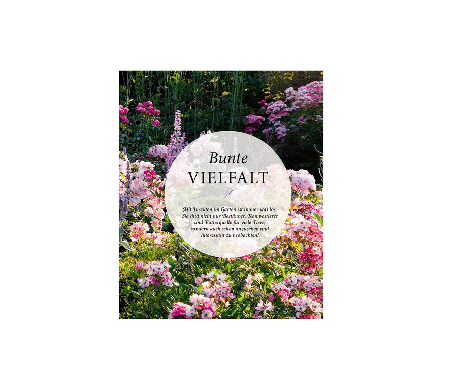Blühender Garten mit rosa Blüten und Text über Vielfalt, im Fokus das Buch »Mein summendes Paradies«.