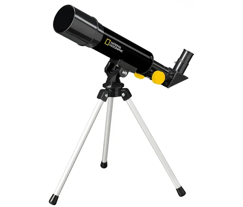 Schwarzes NATIONAL GEOGRAPHIC Kompakt-Teleskop und Mikroskop mit Smartphonehalterung auf weißem Hintergrund.