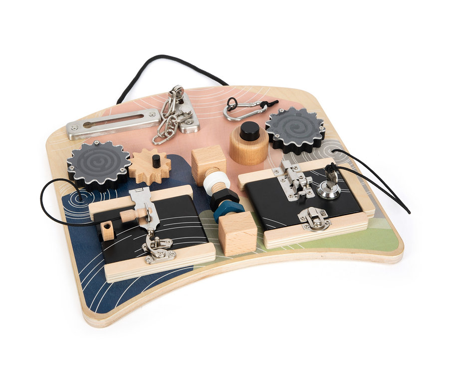 small foot Motorikbrett »Schlösser und Rotation« mit Schlössern, Zahnrädern und anderen Elementen.