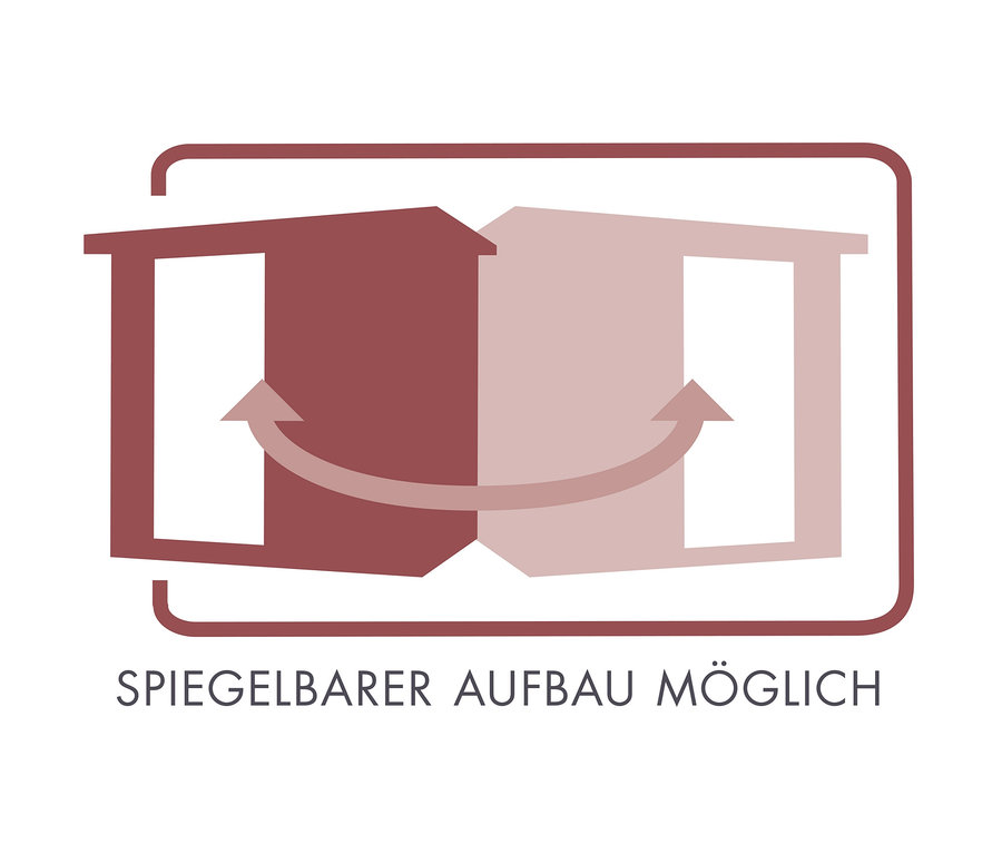 Das Logo von Karibu Sauna »Irina 2« mit Fronteinstieg zeigt ein spiegelbildliches Design mit Pfeilen, was die Möglichkeit des spiegelbildlichen Aufbaus bedeutet.