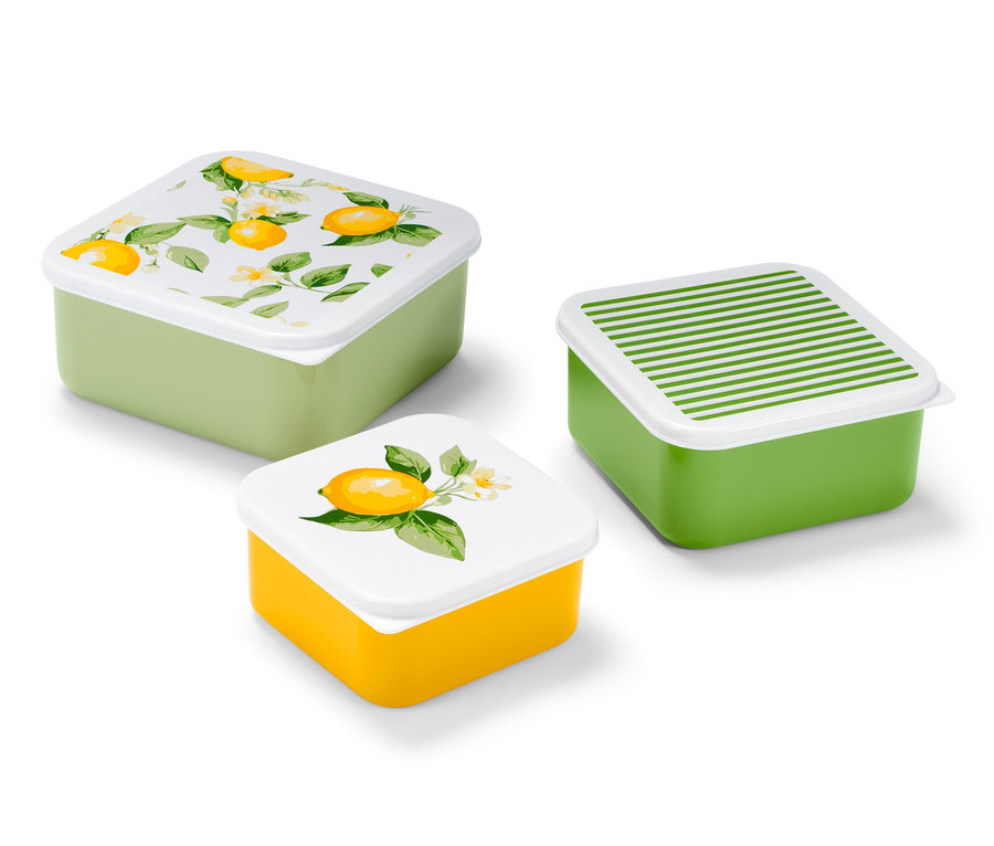 Drei bunte Lunchboxen mit Deckel. Eine ist gelb mit Zitronenaufdruck, eine hellgrün mit Zitronenmuster und eine dunkelgrün mit weißen Streifen.