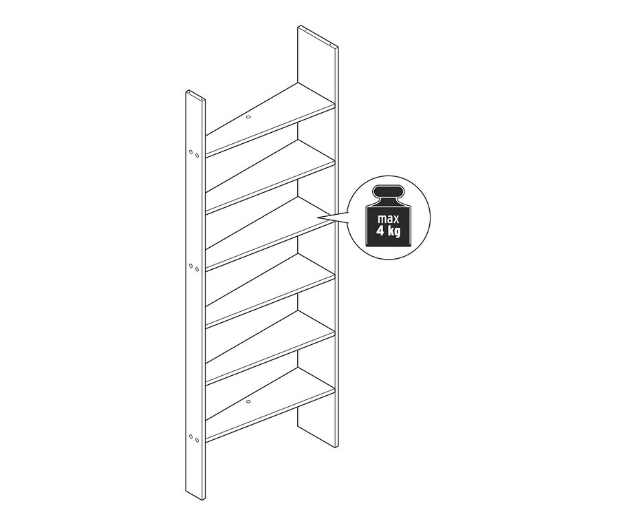 Illustration eines weißen Türregals mit sieben Regalböden und einer maximalen Tragfähigkeit von 4 kg.