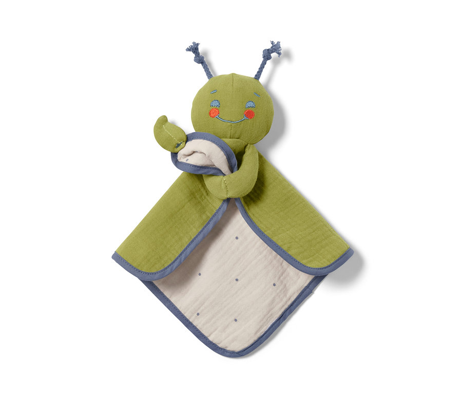 Grünes Baby-Schmusetuchtier mit blauen Akzenten.