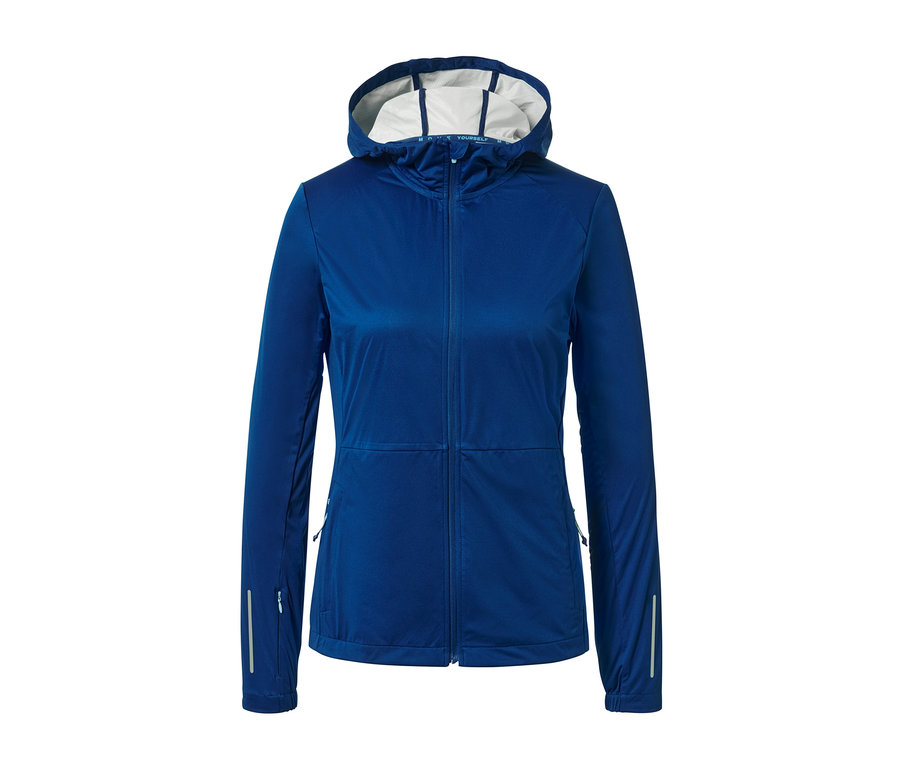 Royalblaue Laufjacke mit Kapuze.