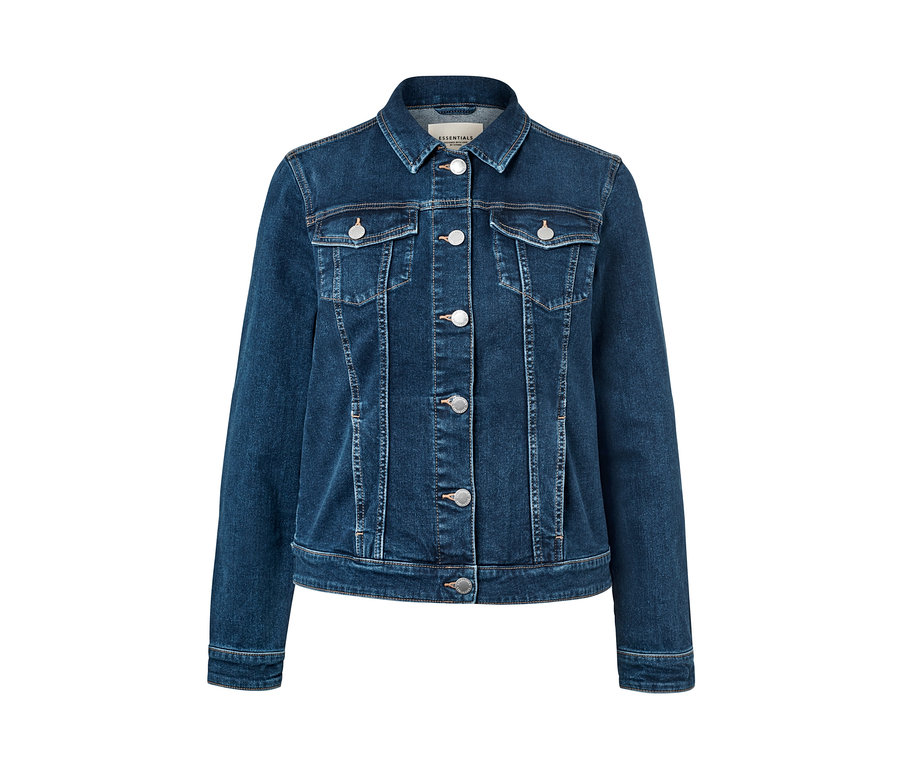 Eine Jeansjacke in mittlerem Blau mit Knöpfen.