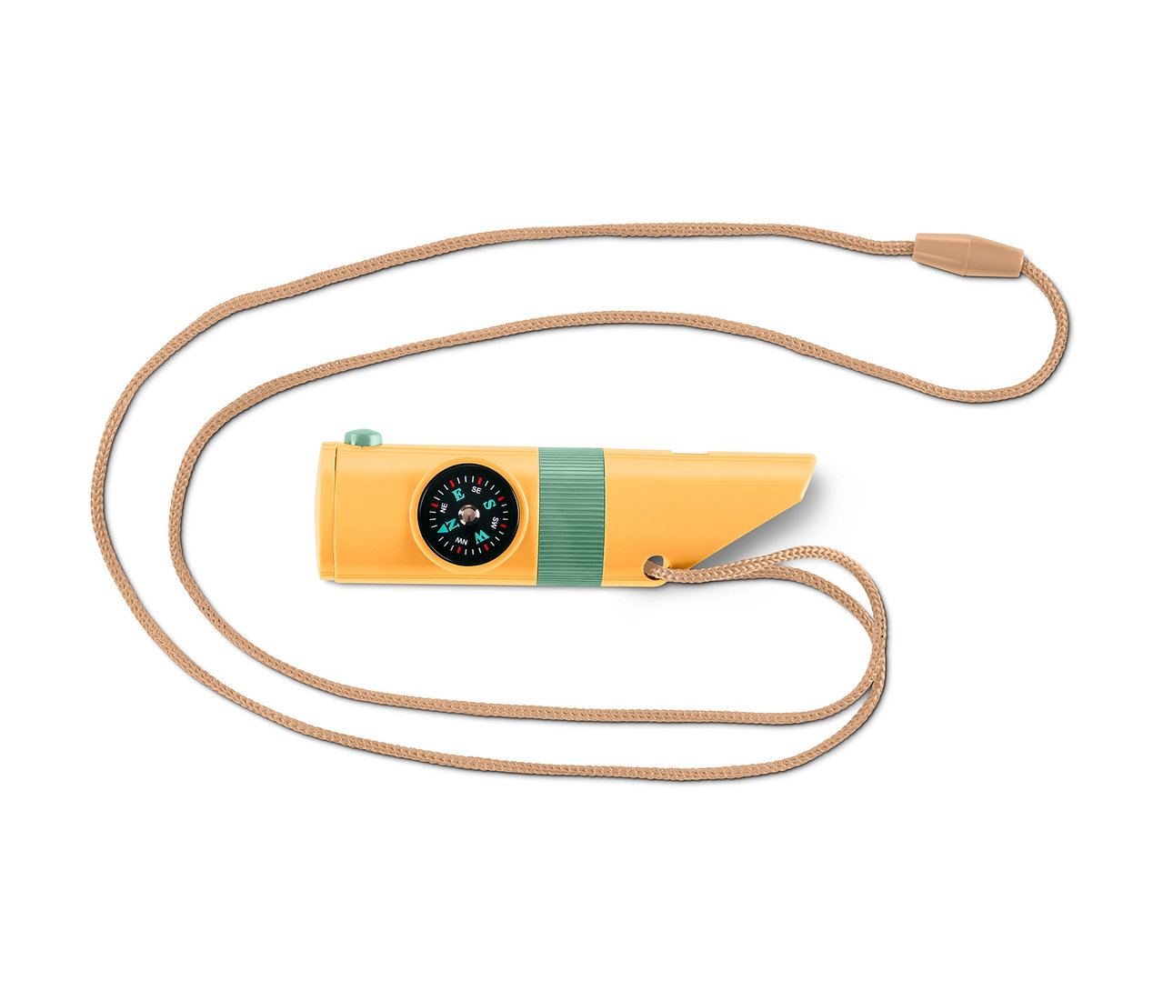 Gelbes, kompaktes 7-in-1-Outdoor-Tool mit Kompass und Kordel.