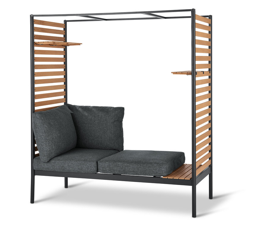 Outdoor-Lounge »Elin« mit flexiblen Sitzelementen, grauen Kissen und Einhängregalen.