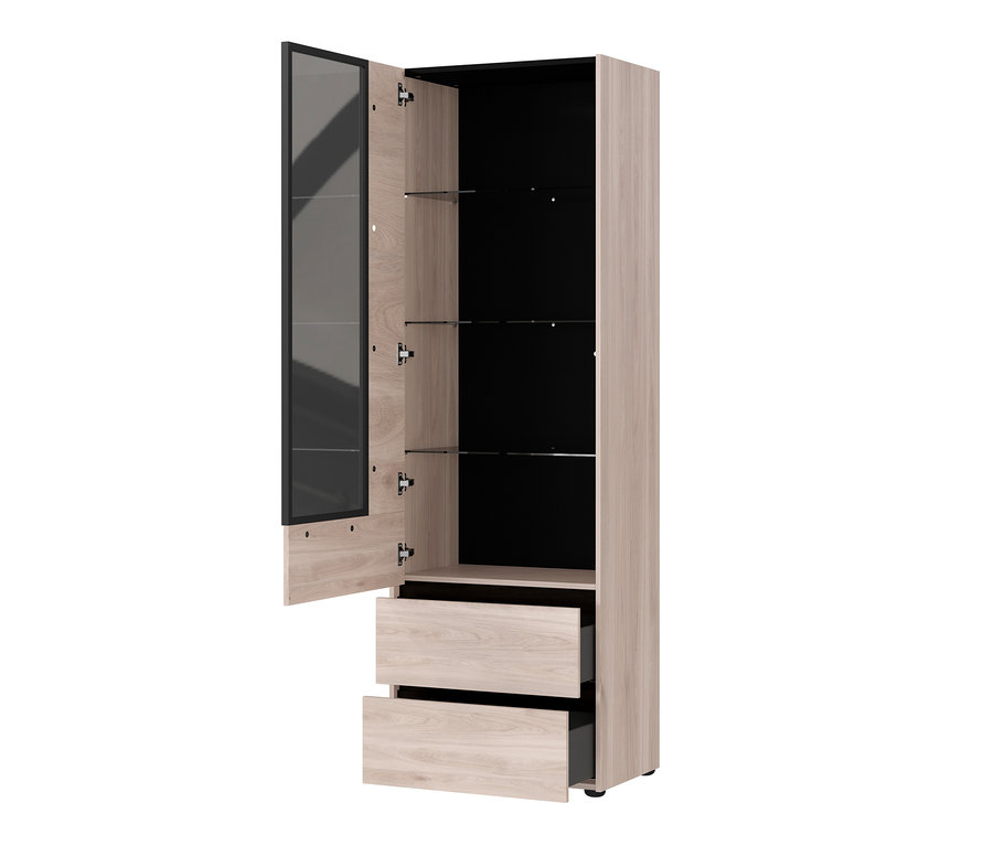 Geöffneter »Cantoria« Vitrine mit Holzböden und zwei Schubladen.