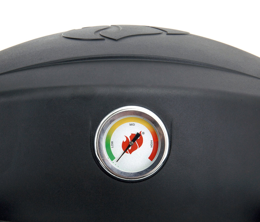 Detailansicht eines schwarzen Landmann Elektrogrills »12975 Pantera 2.000 W« mit einem Thermometer, das die mittlere Temperatur anzeigt.