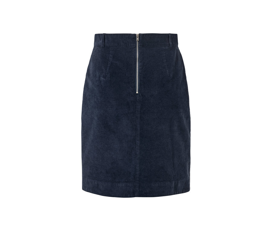 Dunkelblauer Cordrock mit silbernem Reißverschluss auf der Rückseite.