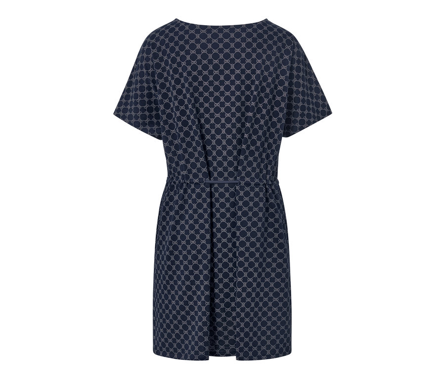 Marineblaue Strandtunika mit kurzen Ärmeln und Muster.