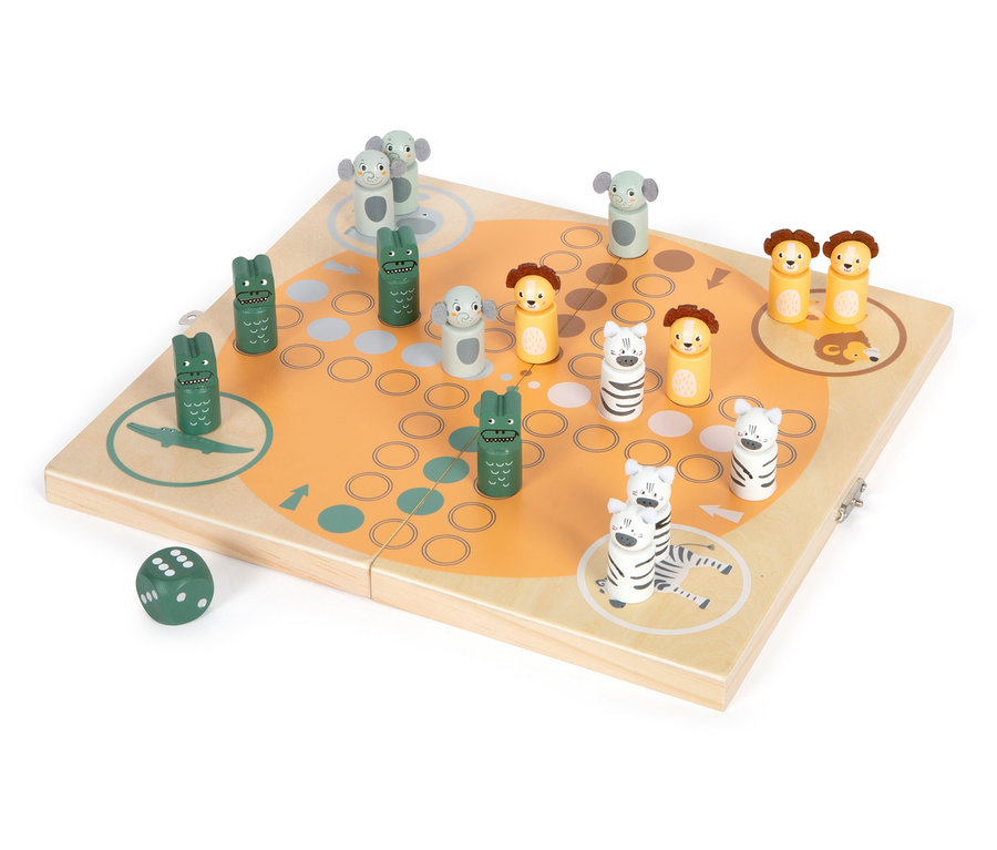 small foot Ludo »Safari« Brettspiel aus Holz mit Tierfiguren und Würfel.