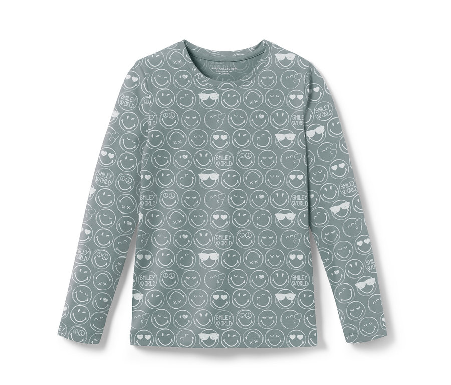 Grauer Kinder-Schlafanzug »Smiley« mit langen Ärmeln und Smiley-Muster.