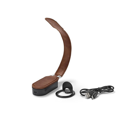 Eine schwarze Leselampe mit Clip und braunen Lederakzenten.