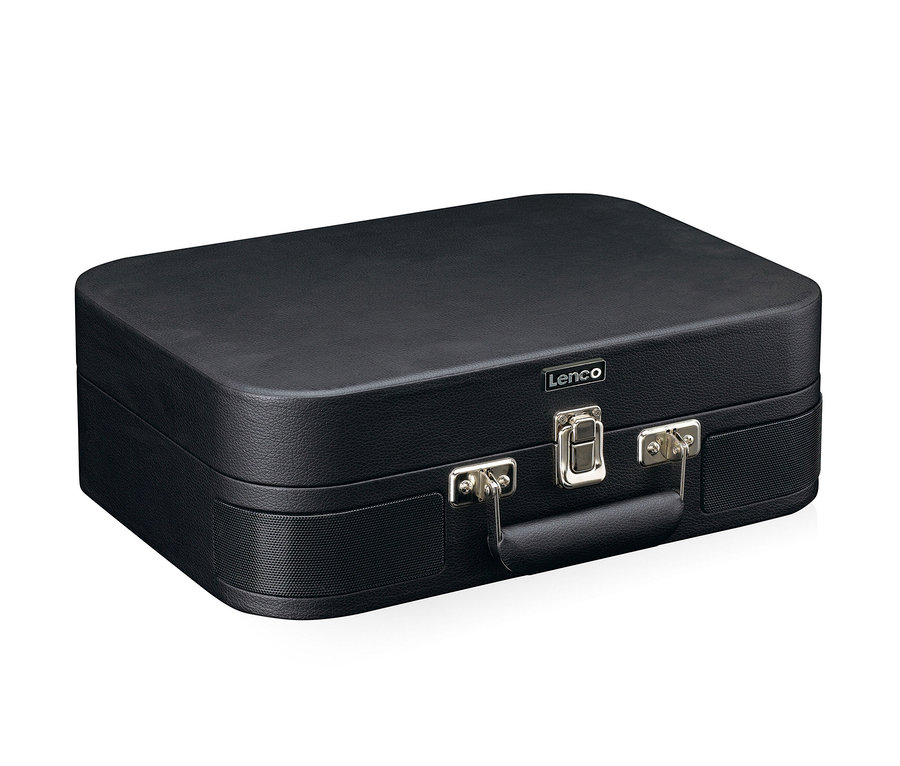 Schwarzer tragbarer Koffer mit Metallschloss. Lenco Plattenspieler »TT-116«.