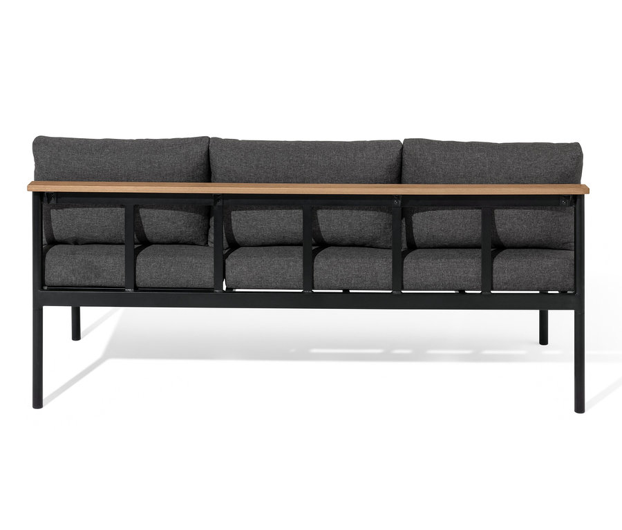 Frontansicht der 2-in-1-Dining-Bank-Liege »Elin« mit sechs grauen Sitz- und Rückenpolstern und hellem Holzrahmen.