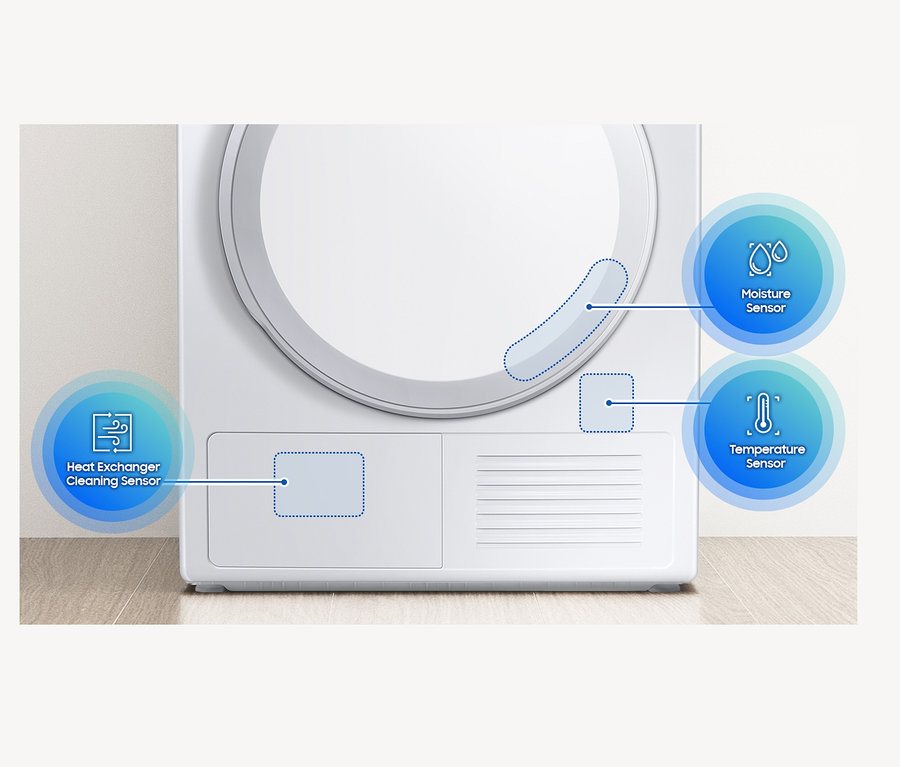 Detailansicht eines weißen Samsung Wäschetrockners mit Beschreibungen der Sensoren für Feuchtigkeit, Temperatur und Wärmetauscherreinigung. Samsung Wärmepumpentrockner DV9ETA040AE/EG, A++ (von A+++ bis D), 9 kg