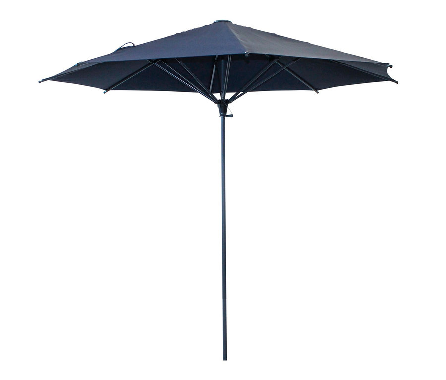 Blauer Leco-Sonnenschirm mit ca. 300 cm Durchmesser.