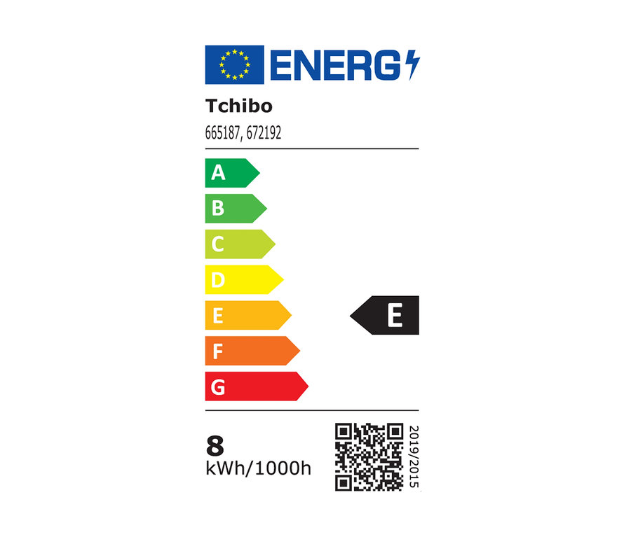 Energielabel mit den Energieeffizienzklassen A bis G, wobei das Produkt in die Klasse E fällt.