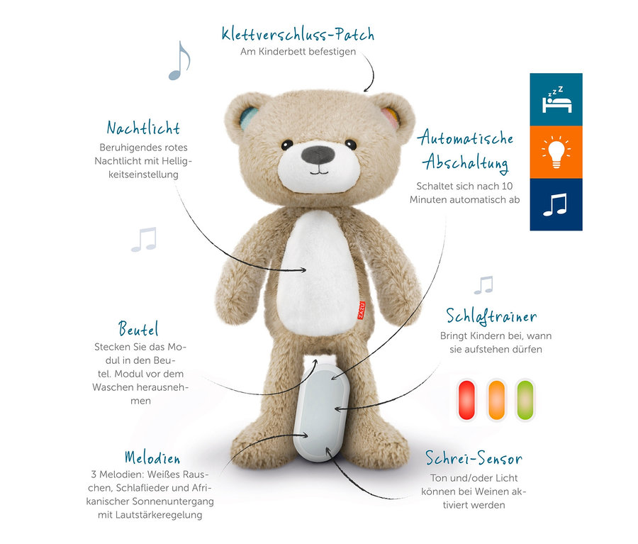 Zazu Nachtlicht »Brody der Bär« Teddybär mit Bauchtasche, Klettverschluss-Patch und Schreisensor.