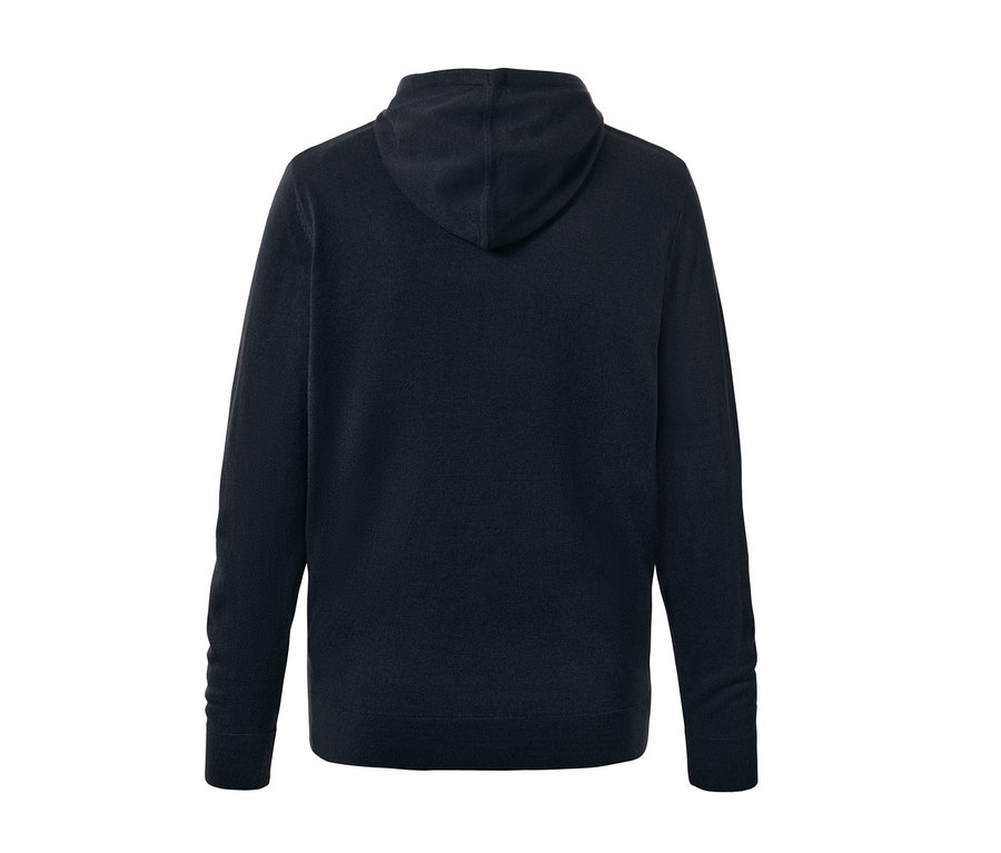 Rückansicht eines marineblauen Strick-Hoodies.
