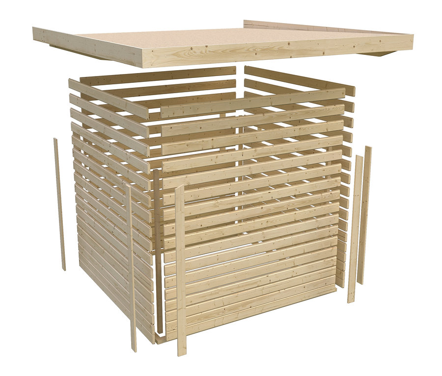 Zerlegte Konstruktion eines Karibu Gartenhauses mit Holzlager, 19 mm.
