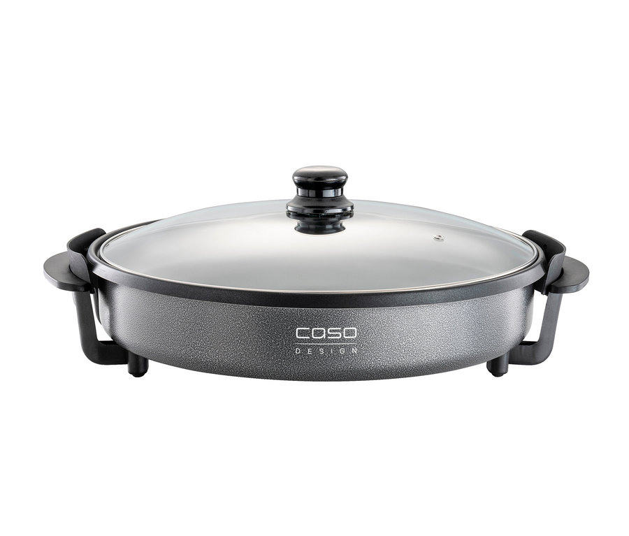 Detail der grauen CASO Profi-Partypfanne mit transparentem Deckel.