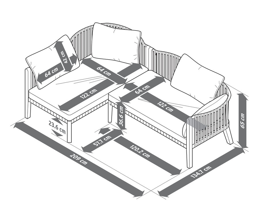 Abmessungen einer Lounge-Ecke mit Textilgeflecht.