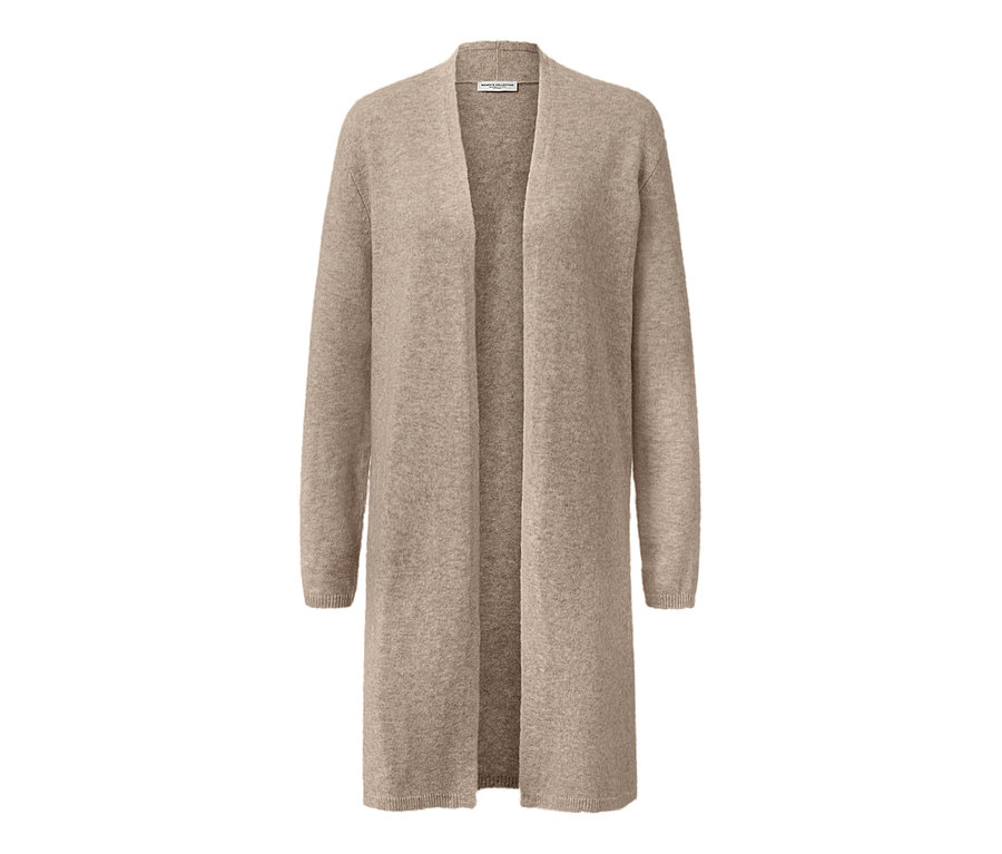 Ein offener, langer, beiger Longcardigan.
