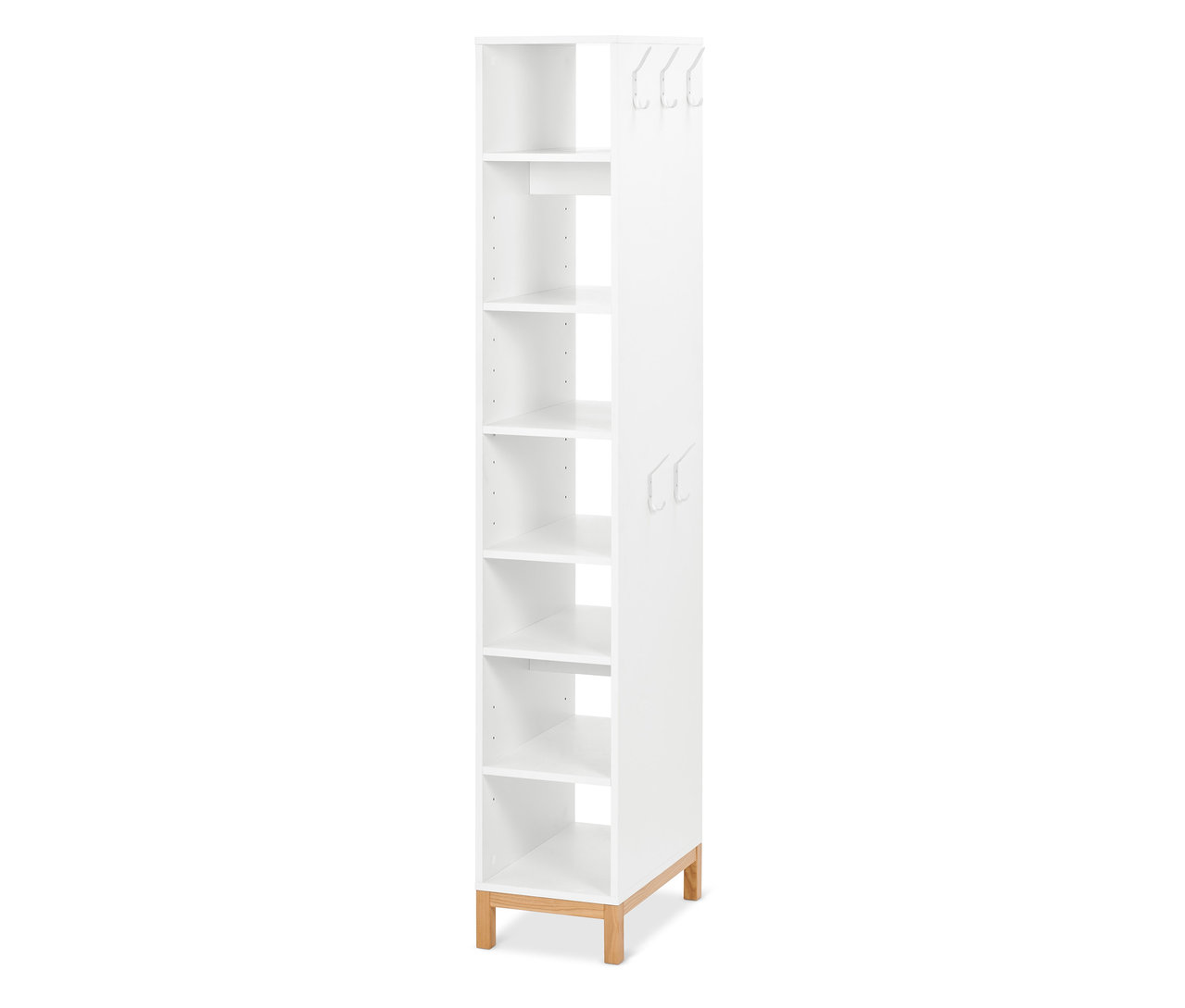 Weißes Schuhregal mit Garderobe.