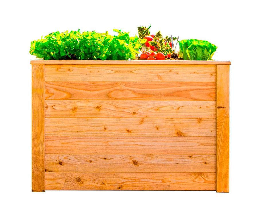 Ein Hochbeet aus Lärchenholz, 100 cm, bepflanzt mit Salat und Tomaten.