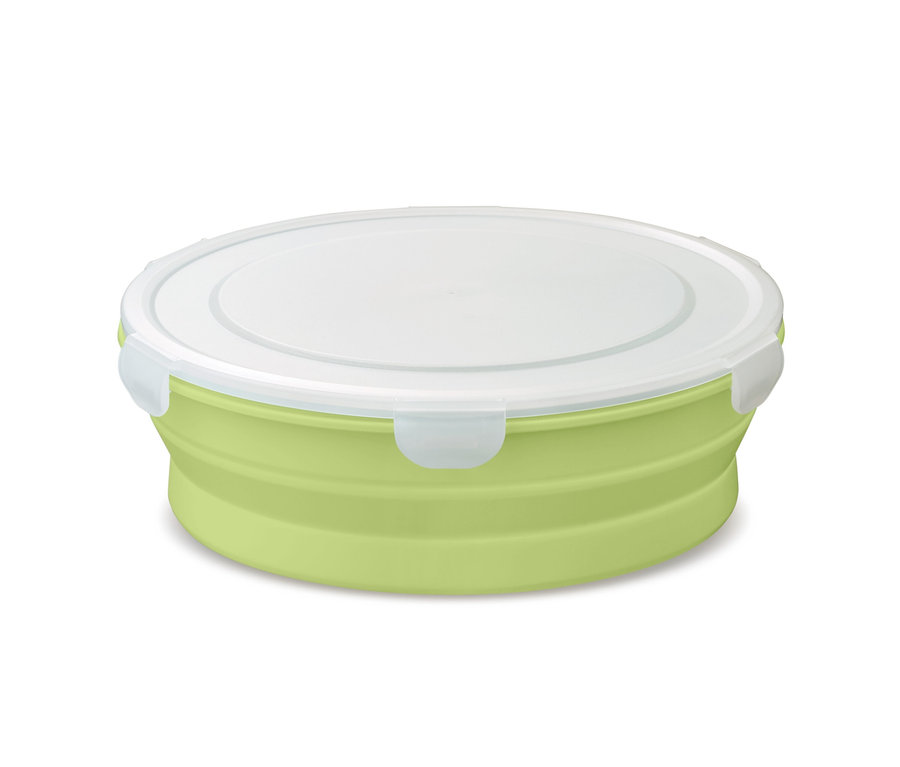 Eine grüne faltbare Salatschüssel mit einem weißen Deckel.