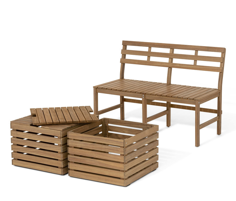 Gartenbank »Lenja« mit Sitz-und-Stauraumkisten und zwei Truhen.