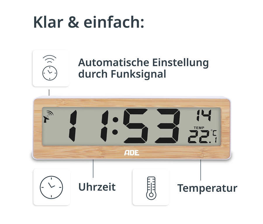Die digitale ADE Funk-Wanduhr mit Temperaturanzeige mit Bambusholzrahmen zeigt die Uhrzeit 11:53 und eine Temperatur von 22,5 Grad Celsius an.