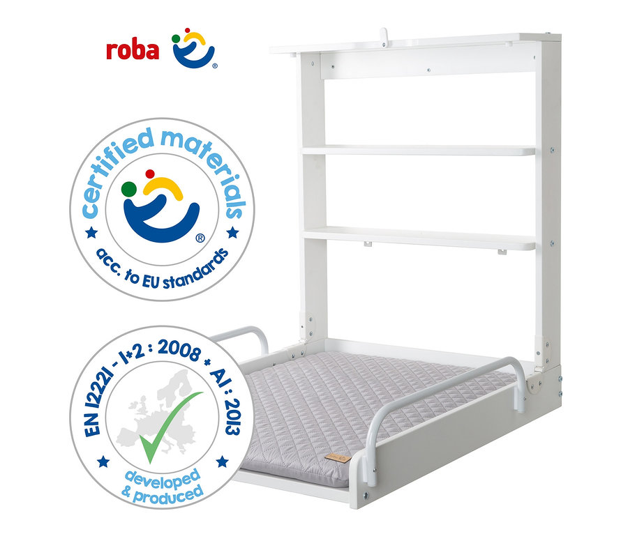 Weißer roba Wandwickeltisch mit »roba style grau« Wickelauflage.