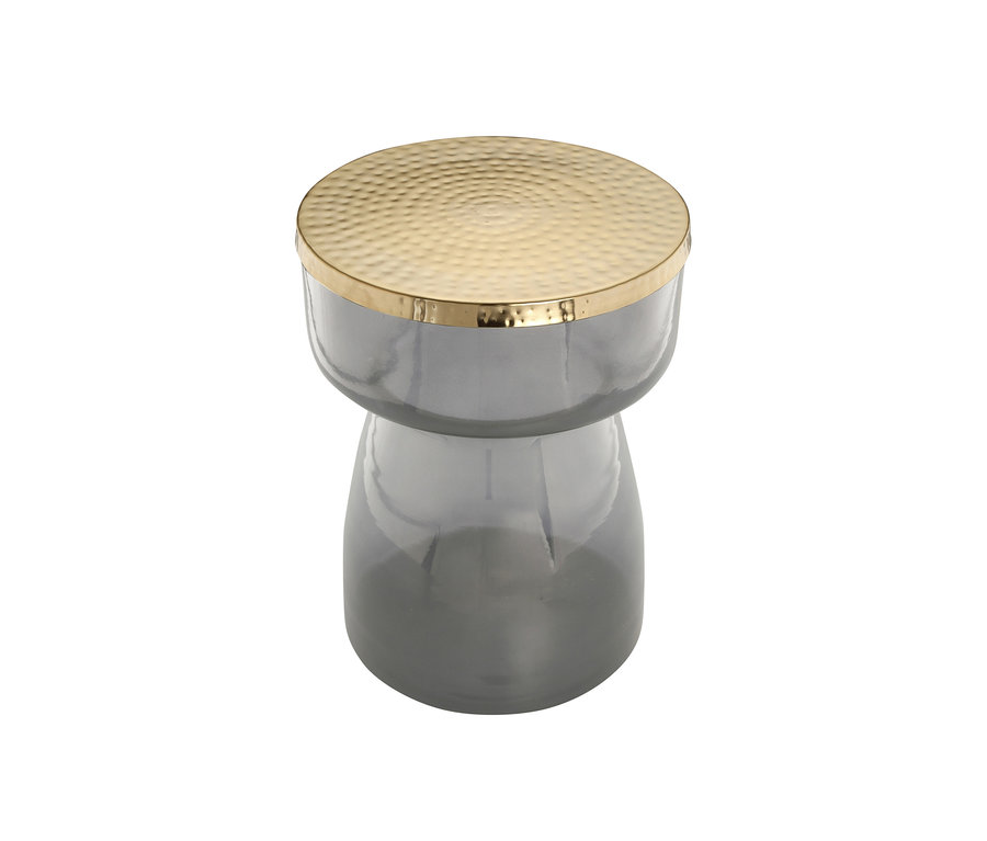 Grauer Kayoom Beistelltisch »Roman« aus Glas mit runder goldener Tischplatte.