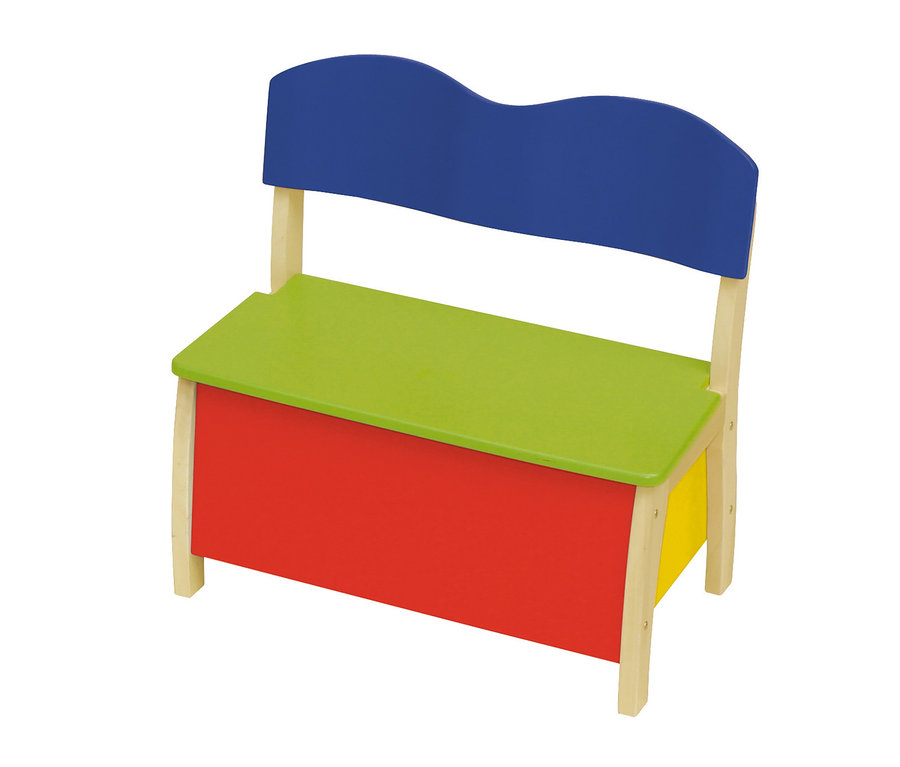 roba Kindertruhenbank mit blauer Rückenlehne, grüner Sitzfläche und rot-gelbem Stauraum.