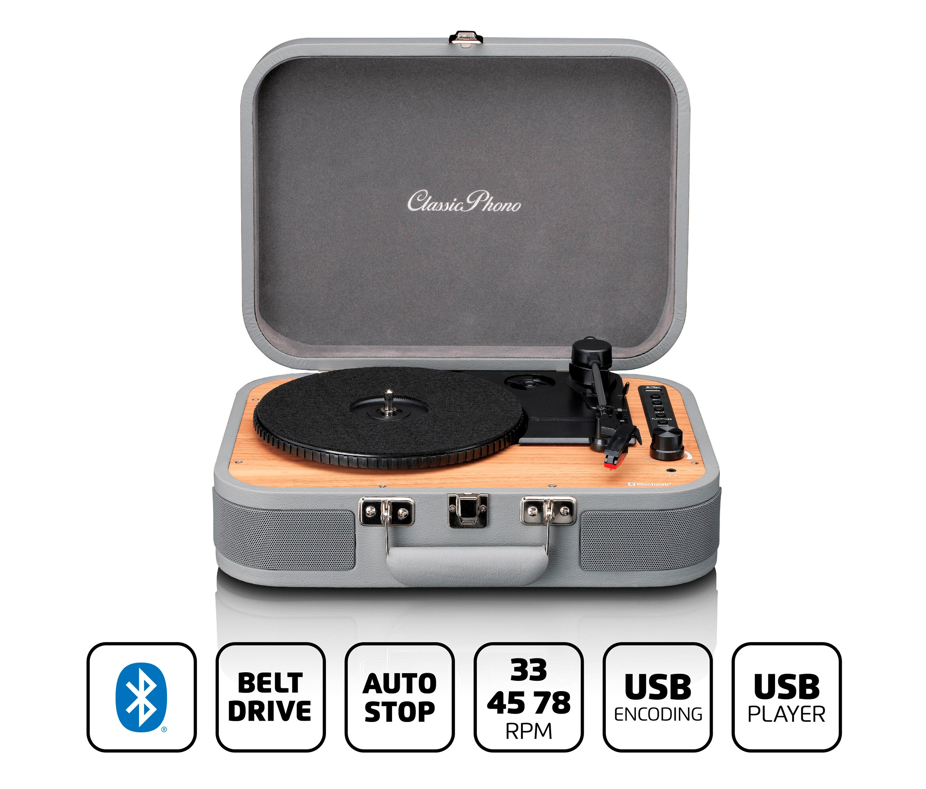 Offener grauer Lenco TT-116 Plattenspieler.