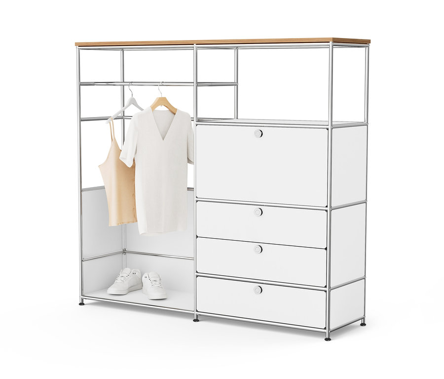 Weiße Kommode Metall »CN3« mit Holzplatte, 1 Kleiderstange, 1 Klappenfach und 3 Schubladen.