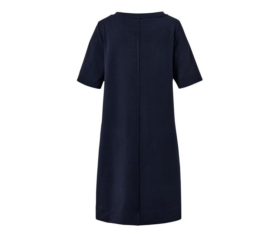 Dunkelblaues Sweatkleid mit Galonstreifen.