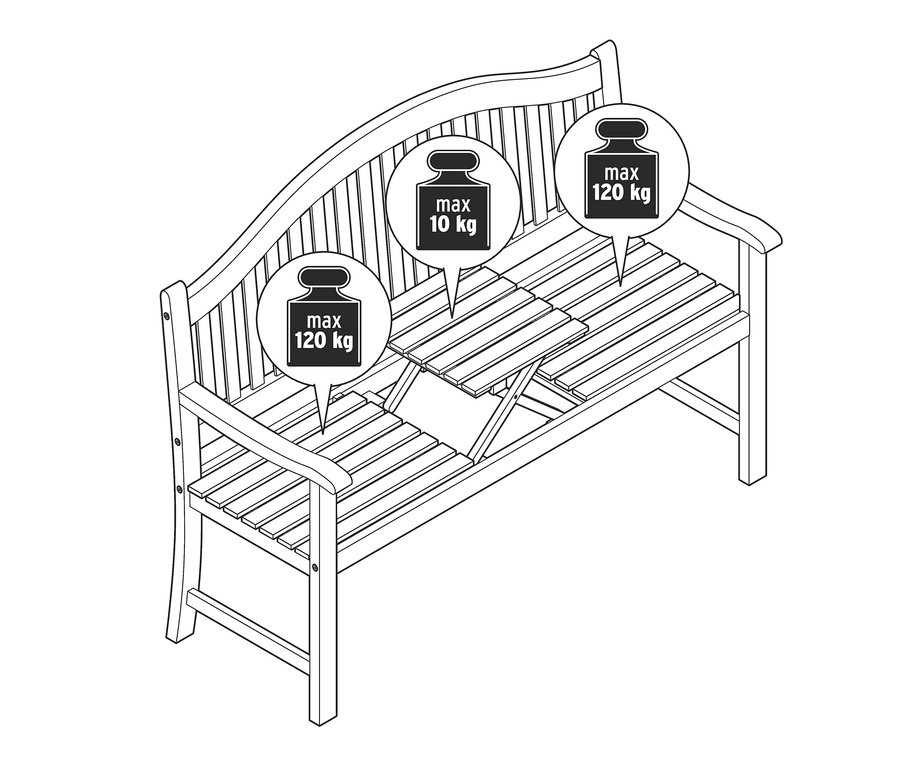 Eine Zeichnung einer Bank mit hochklappbarem Tisch und Gewichtsbeschränkungen.